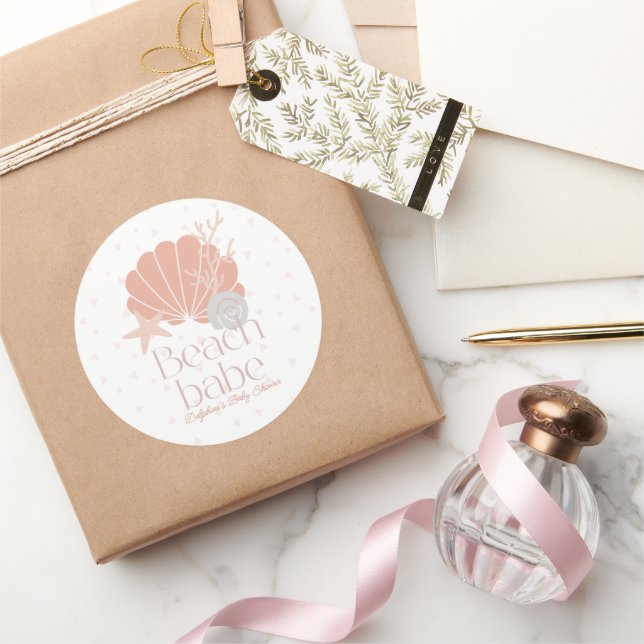 Adesivo Redondo Beach Babe Seashell Pink Girl Baby Shower (Presentear)