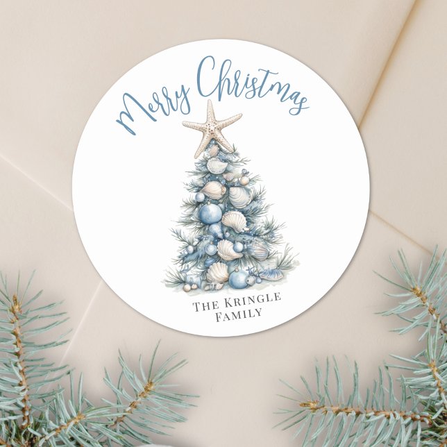 Adesivo Redondo Beach Merry Christmas (Beach Merry Christmas Classic Round Sticker)