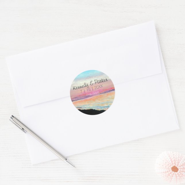 Adesivo Redondo Beach Sunset Pastel Weding Save The Date (Envelope)