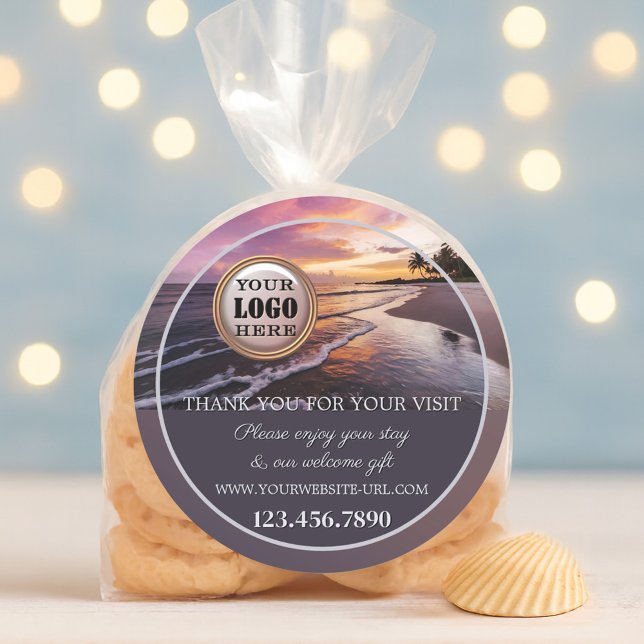 Adesivo Redondo Beach Sunset Thank You (Sticker featuring a tropical beach at sunset. With your custom logo (optional))