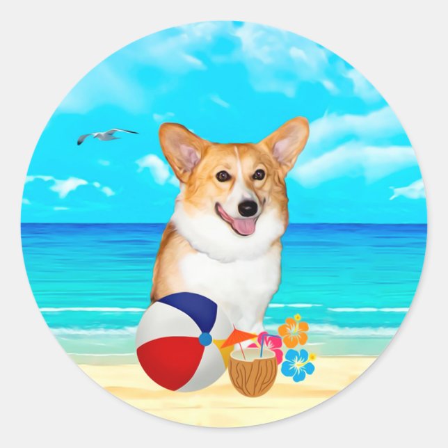 Adesivo Redondo Beach Time Corgi (Frente)