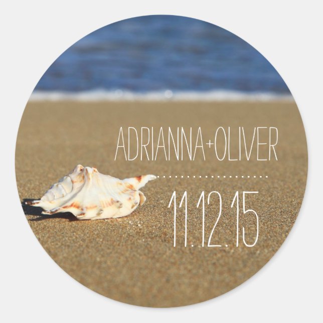 Adesivo Redondo Beach Waves Seashell | Areia | Favor de Casamento (Frente)