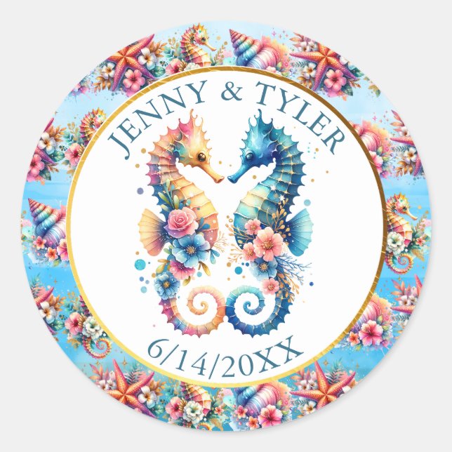 Adesivo Redondo Beachê rosa, azul e Dourada de areia costeira (Frente)