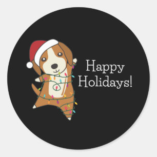 Adesivo Redondo Beagle Felry Natal Animais de inverno Cão Clássico