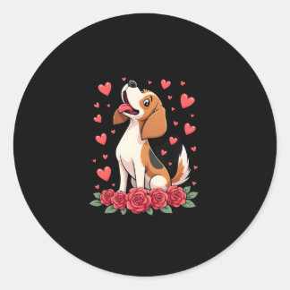 Adesivo Redondo Beagle Fofo com Corações de Rosas Vermelhas Floral