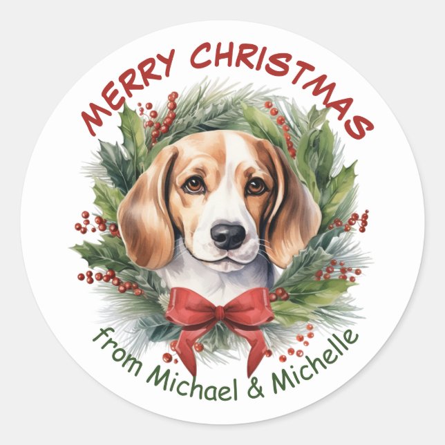 Adesivo Redondo Beagle Hound Christmas Arco Wreath (Frente)