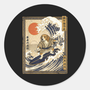 Adesivo Redondo Beagle surf japonês onda kanagawa engraçado samura