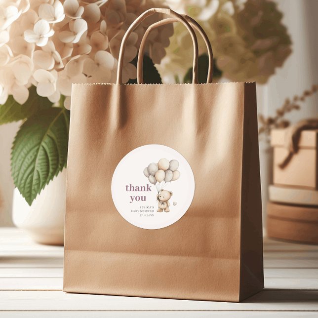 Adesivo Redondo Bear Balões Pastel Chá de fraldas Roxo Obrigado (Criador carregado)