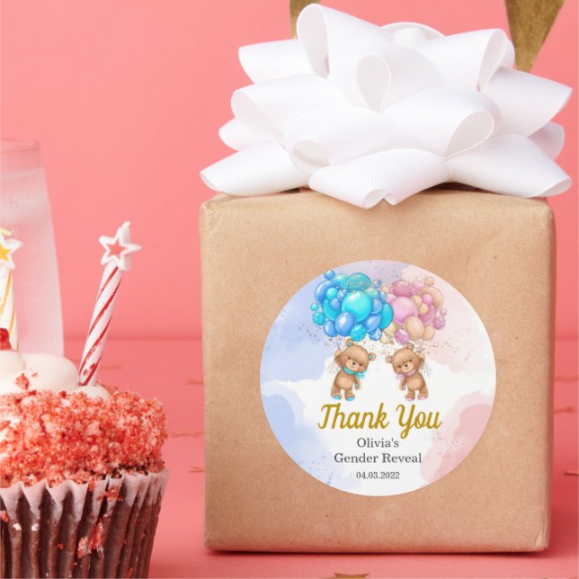 Adesivo Redondo Bear Gênero Revela Rosa e Azul Obrigado Sticker (Festa)