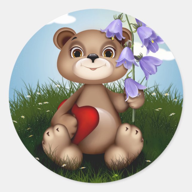 Adesivo Redondo Bear Holding Bouquet Flower-30926 (Frente)