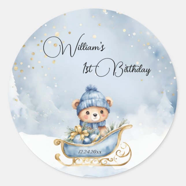 Adesivo Redondo Bear Natal Um Primeiro Aniversário Inverno (Frente)