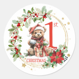 Adesivo Redondo Bear Poinsettia Foliage Bebê Primeiro Natal