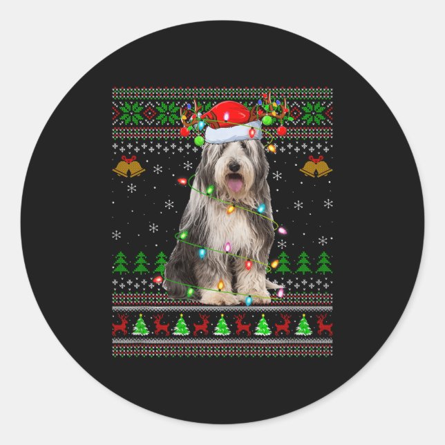 Adesivo Redondo Bearded Collie Dog Ugly Christmas Sweater Holiday  (Frente)
