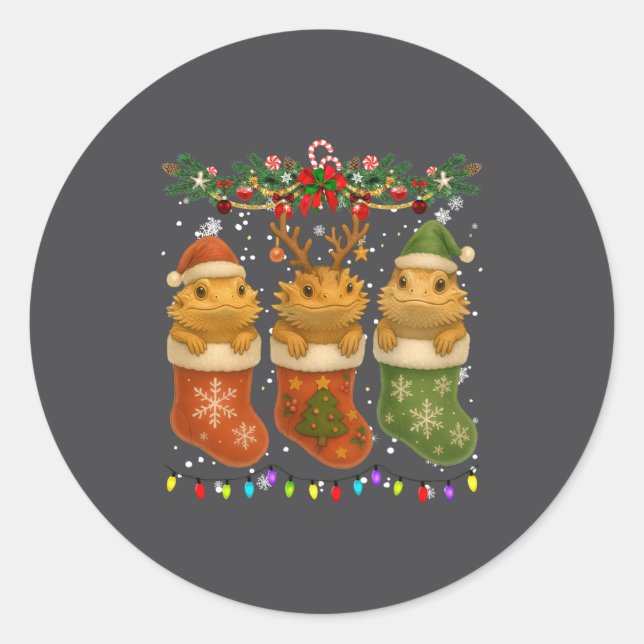 Adesivo Redondo Bearded Dragon In Christmas Socks Lights Bearded D (Frente)