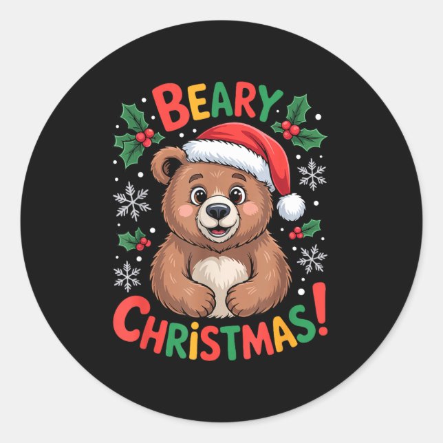 Adesivo Redondo Beary Christmas Cute Bear Santa Funny Holiday  (Frente)