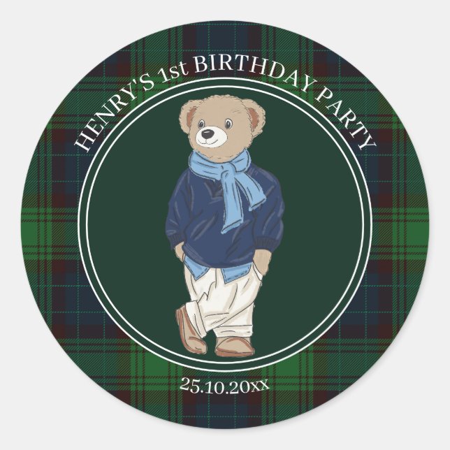 Adesivo Redondo Beary first teddy bear green plaid birthday favor (Frente)
