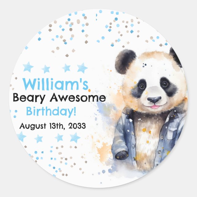 Adesivo Redondo Beary Incrível Boys Watercolor Panda Birthday (Frente)