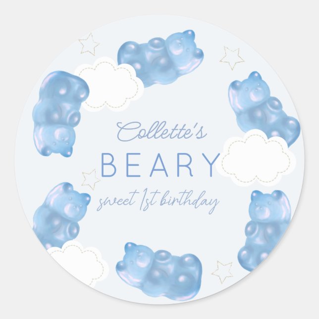 Adesivo Redondo Beary Sweet Blue Gummy Bear Boy Aniversário (Frente)