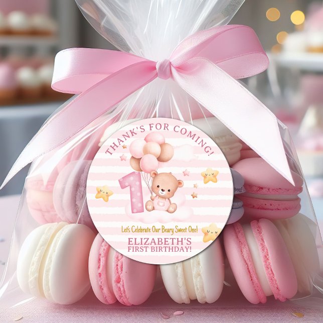 Adesivo Redondo Beary Sweet One Birthday Stickers | Pink Boho Bear (Criador carregado)