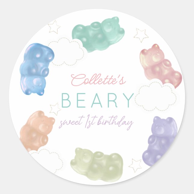 Adesivo Redondo Beary Sweet Pastel Colors Gummy Bear Birthday (Frente)