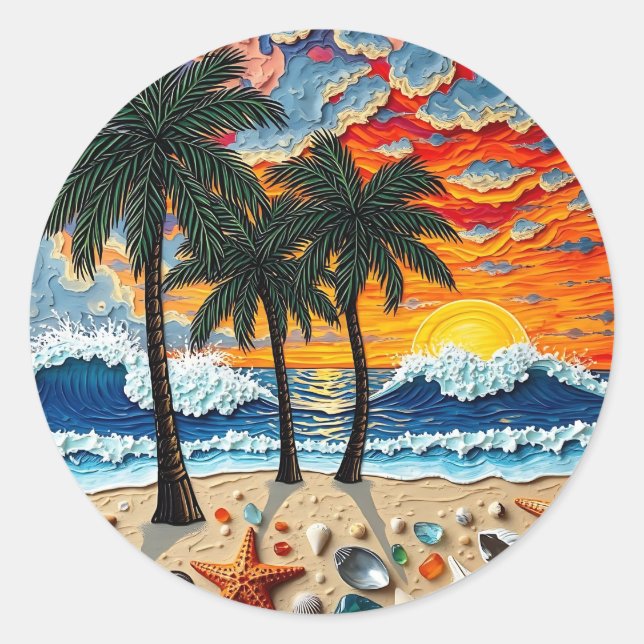 Adesivo Redondo Beautiful Beach Scene with Palm Trees (Frente)