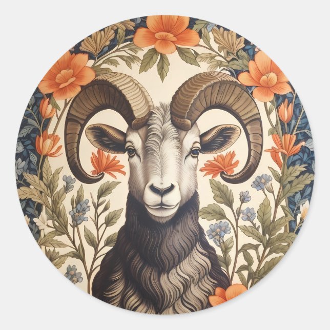 Adesivo Redondo Beautiful Bighorn Sheep William Morris Inspired (Frente)