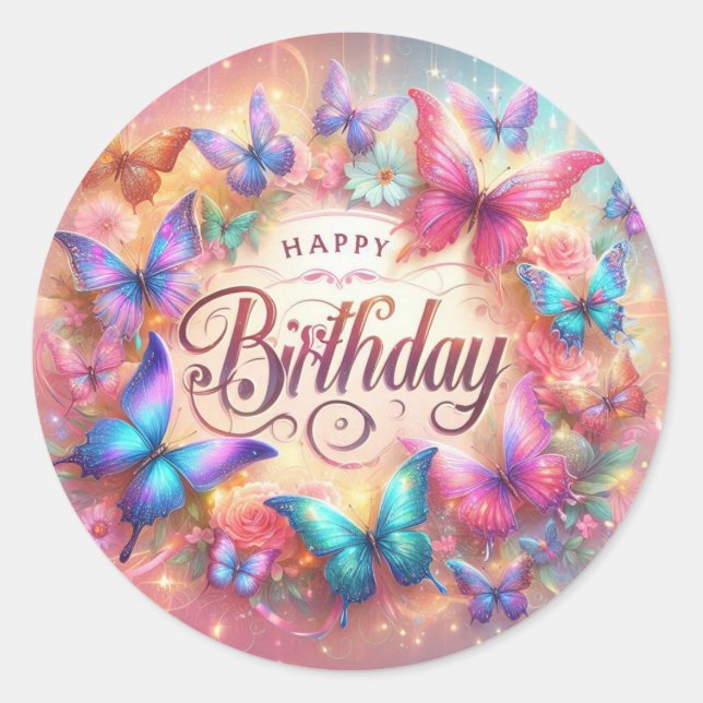 Adesivo Redondo Beautiful Birthday Sticker Butterfly Design (Frente)