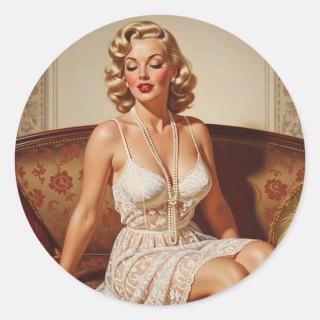 Adesivo Redondo Beautiful blonde pin-up 50's art (Frente)