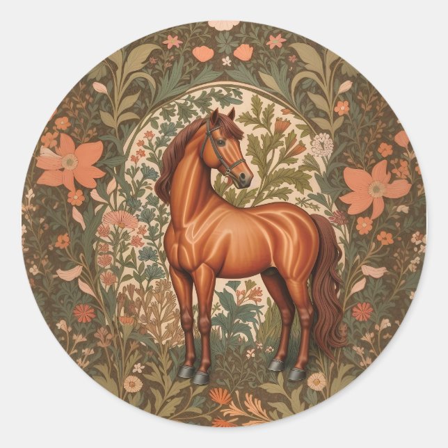 Adesivo Redondo Beautiful Brown Horse William Morris Inspired  (Frente)