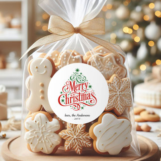 Adesivo Redondo Beautiful Calligraphy Merry Christmas Tree Custom