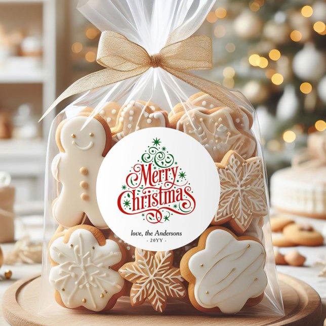 Adesivo Redondo Beautiful Calligraphy Merry Christmas Tree Custom  (Criador carregado)