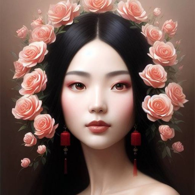 Adesivo Redondo Beautiful Chinese woman with roses aiart (Criador carregado)