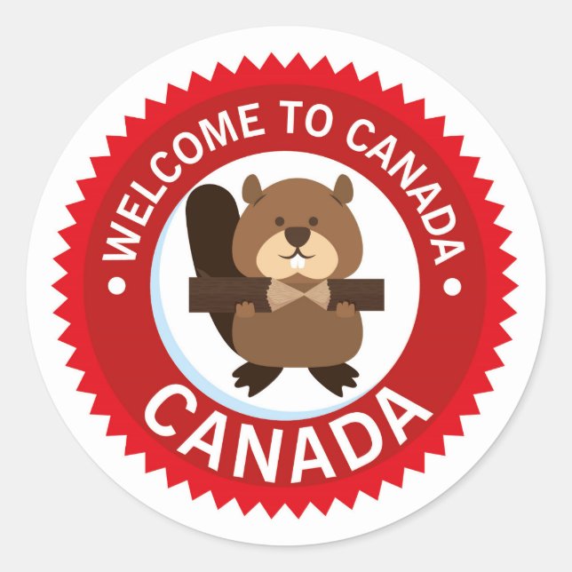 Adesivo Redondo Beaver Bem-Vindo Ao Canadá | Dia do Canadá (Frente)