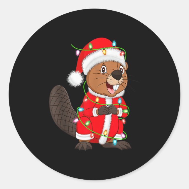 Adesivo Redondo Beaver Christmas Lights Santa Costume Cute Animal  (Frente)