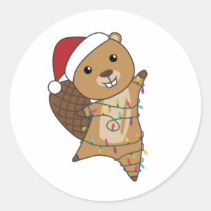 Adesivo Redondo Beaver Felizes Animais De Inverno De Natal