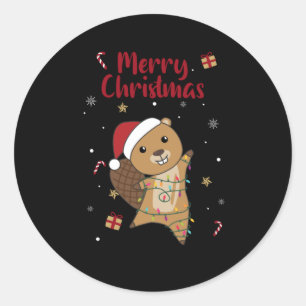 Adesivo Redondo Beaver Felizes Animais De Inverno De Natal