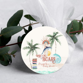 Adesivo Redondo Bebê a Bordo | Retro Verão Surf Chá de Bebê