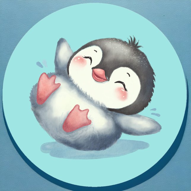 Adesivo Redondo Bebê Adorável Pinguim Gelado, Crianças De Aquarela (Adorable baby penguin sticker in watercolor style on aqua blue. Cute Winter animal for baby's party.)