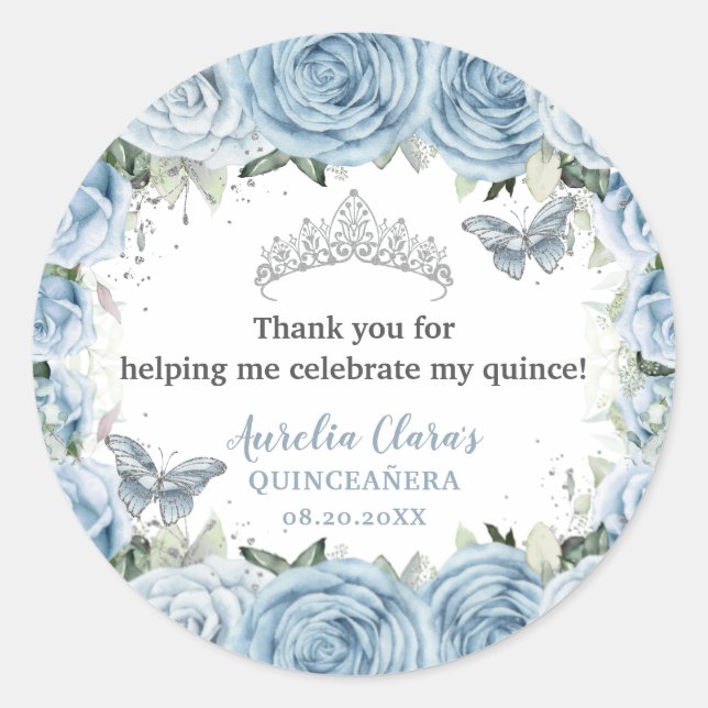 Adesivo Redondo Bebê Azul Borboletas Florais Tiara QUINCEAÑERA (Frente)