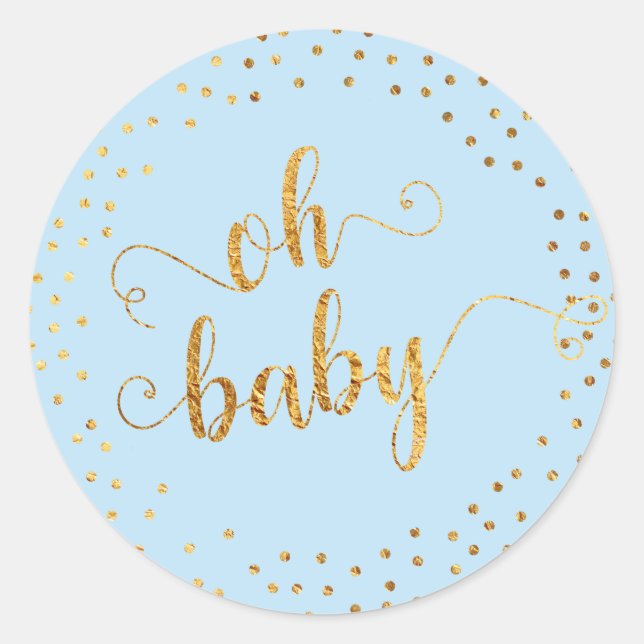 Adesivo Redondo Bebê Azul "Oh Bebê" Faux Gold Foil Confetti (Frente)