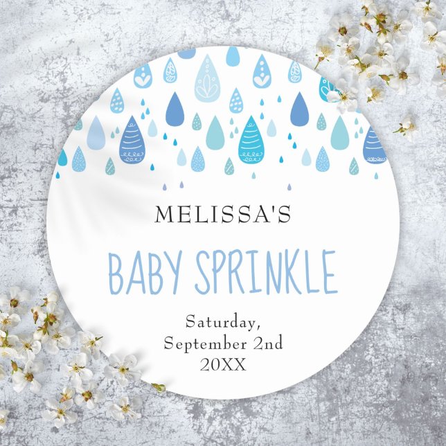Adesivo Redondo Bebê Azul Rainha Chá de aspersão (Baby Blue Raindrops Baby Sprinkle Shower Classic Round Sticker)