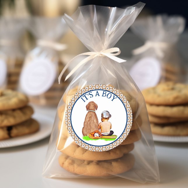 Adesivo Redondo Bebê-Bebê e Cão-Basebol Chá de fraldas (Criador carregado)