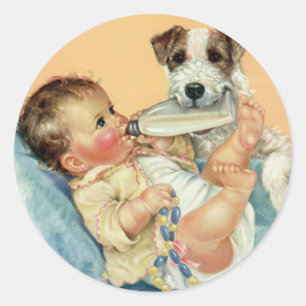 Adesivo Redondo Bebé bonito do vintage com o cão da garrafa e de