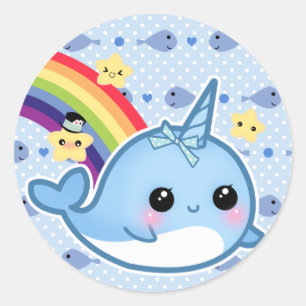Adesivo Redondo Bebê bonito narwhal com arco-íris e estrelas