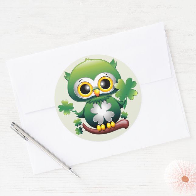 Adesivo Redondo Bebê Coruja Fofo St Patrick Desenho Animado (Envelope)
