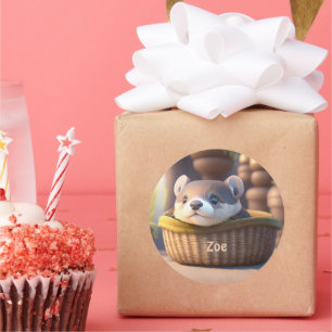 Adesivo Redondo Bebê de lontra giro numa cesta - crianças personal