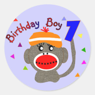 Adesivo Redondo Bebê de um ano do macaco da peúga do MENINO do
