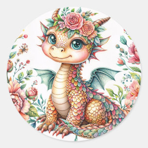 Adesivo Redondo Bebê Dragão Florido – Aquarela Floral