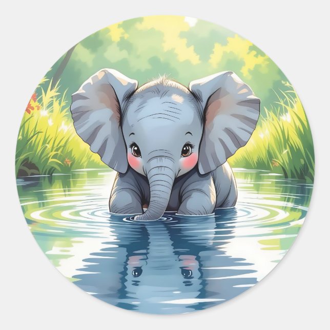 Adesivo Redondo Bebê Elefante Adorável e Reflexo (Frente)