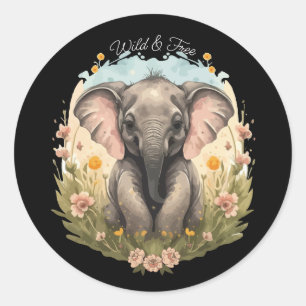Adesivo Redondo Bebê Elefante Fofa Flor Silvestre Amor por Viagens